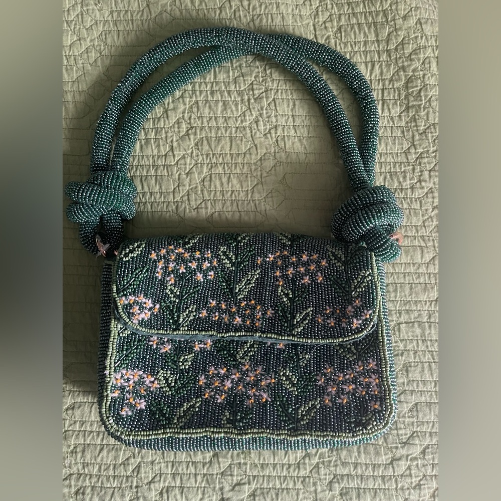 ANTHROPOLOGIE MAEVE THE FIONA GREEN FLORAL BEADED EVENING COCKTAIL HANDBAG